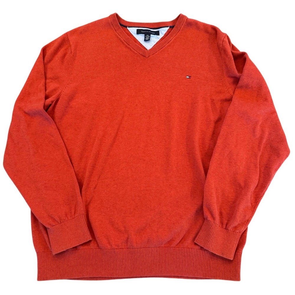 Tommy Hilfiger Mens XXL V-Neck Sweater Orange Red 100% Cotton Pullover Logo
